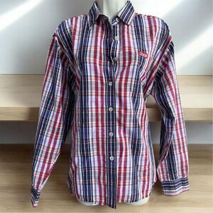 Cowgirl Hardware Women's Red White Blue Plaid Logo Button-Up Shirt Size L